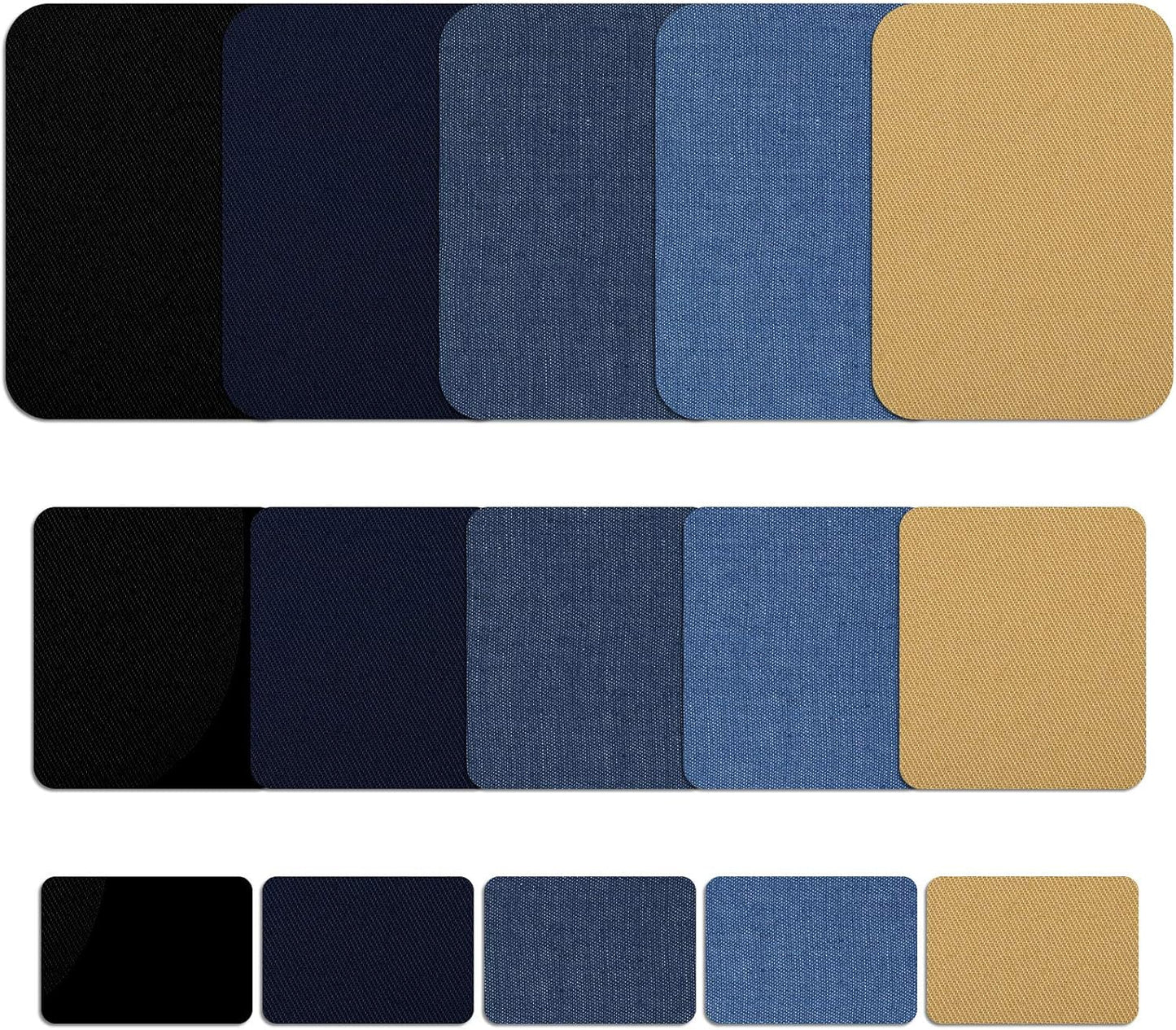 30 Pieces Iron on Fabric Patches Fabric Repair Patches Twill Clothing Repair Patch Kit for Jacket Clothes, 3 Sizes, 5 Colors (Black, Navy Blue, Dark Denim, Light Denim, Khaki)