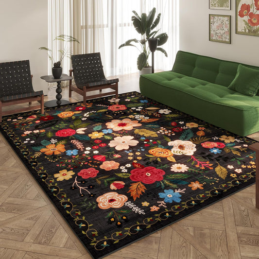 Rugcomf Area Rugs 9x12 Living Room Clearance Washable Boho Rug Non Slip Floral Vintage Low Pile Large Rug for Living Room, Bedroom, Farmhouse, Dining Room, Kids Playroom(Black)