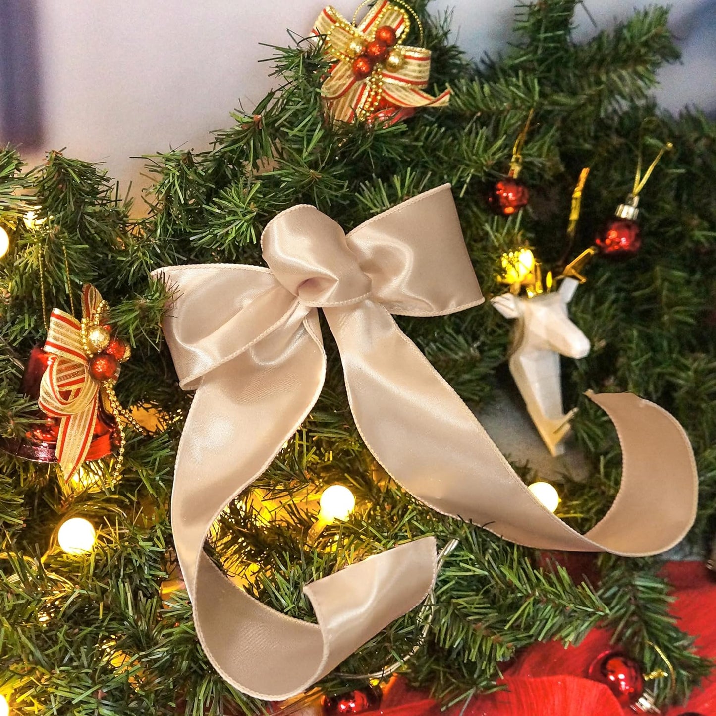 CT CRAFT LLC Satin Wired Ribbon 2.5 Inch x 20 Yards Champagne Gold for Christmas Home Décor Gift Wrapping Tree Topper Bow Wreath DIY Crafts,