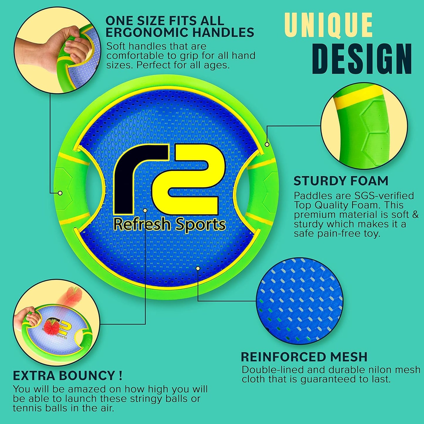 Fun Bouncy Paddle & Stringy Ball Toss & Catch Game - Easy to Use for Kids All Ages - Soft Foam Design for Safe Play Indoors or Outdoors - Also Works as Flying Disc - Great Gift Idea for Boys & Girls