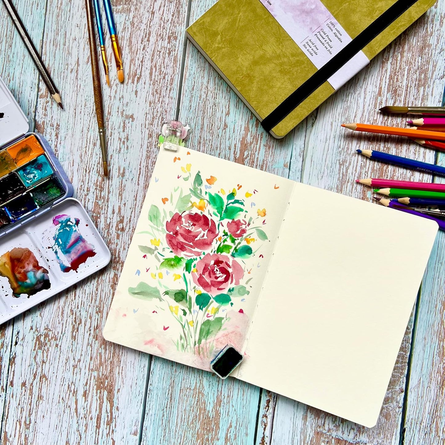 tumuarta Square Watercolor Sketchbook, 6x6”, 140 LB, 300GSM, 100% Cotton Paper, Cold Press, 24 Sheets,48 Pages, Plein Air Watercolor Journal For Use As Travel Sketch book and Mixed Media Pad On The Go