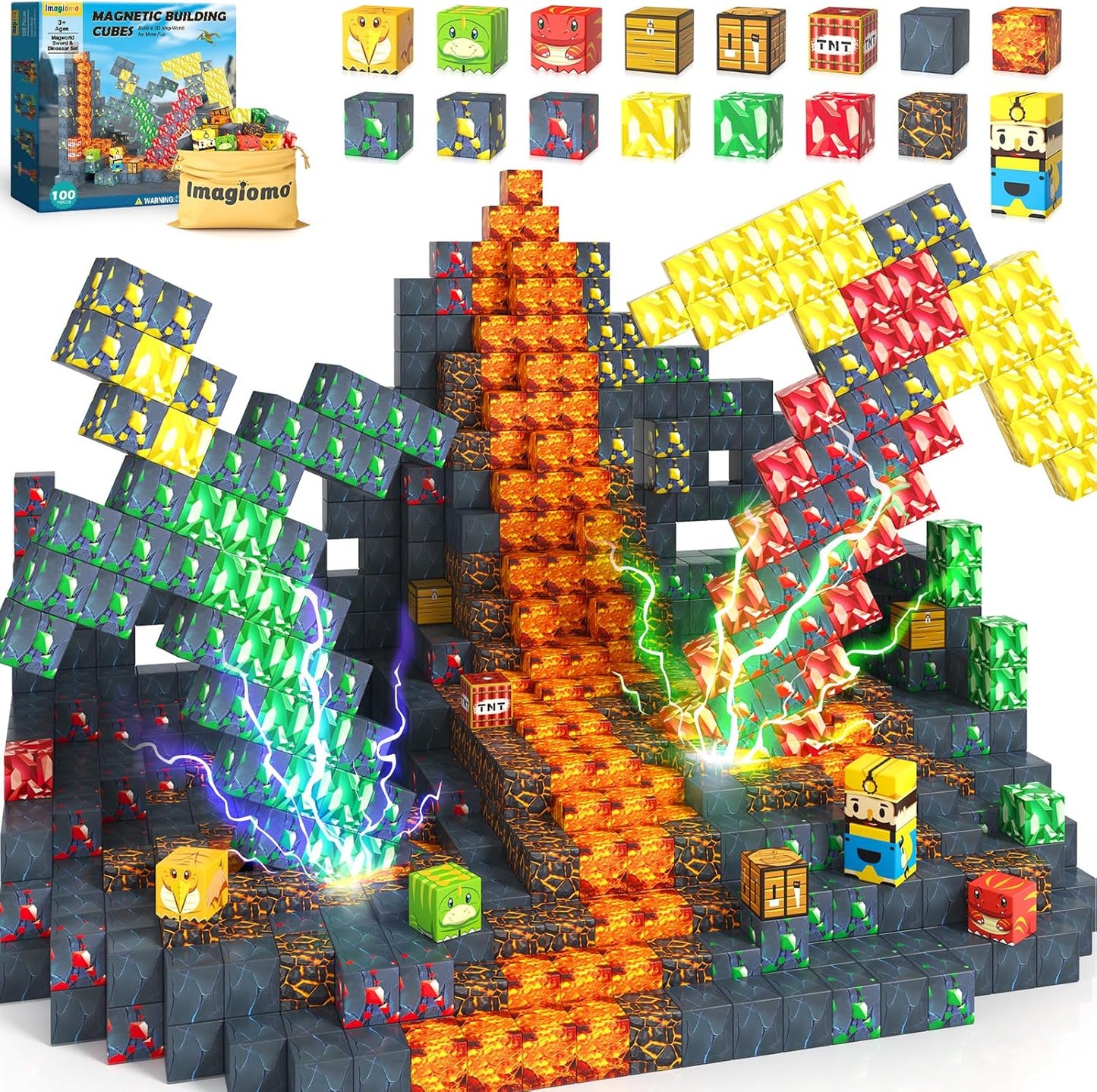 100PCS Magnetic Blocks - Build Mine Magnet World Mine Adventure Set Dinosaur Toys, Creative Jurassic Kids Games for 3-5 5-7 8-12 Boys, Sensory STEM Outdoor Toys for Boys & Girls Birthday Gifts