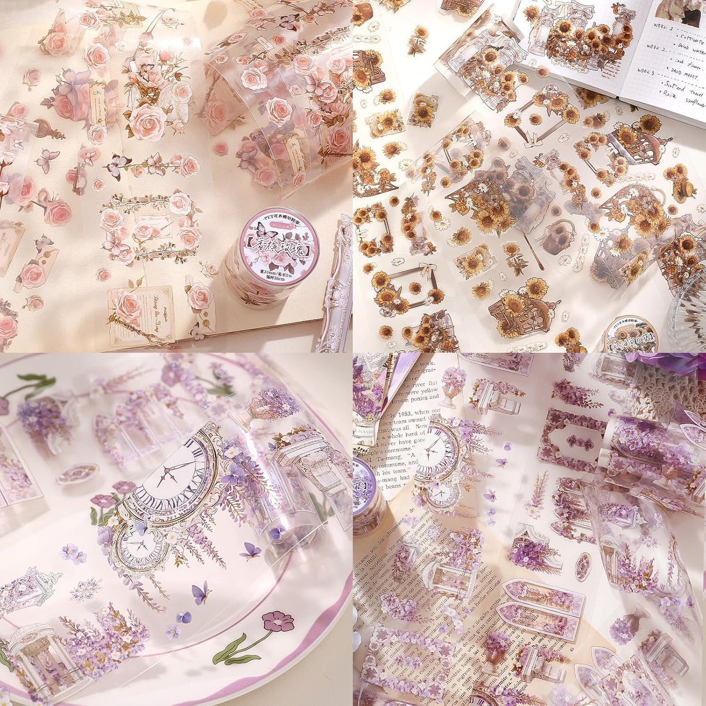 4 Rolls Pre-Cut pet Flower Tape Stickers Flower Vintage Stickers Decorative Tape Aesthetic Stickers for Journaling, Scrapbook Supplies