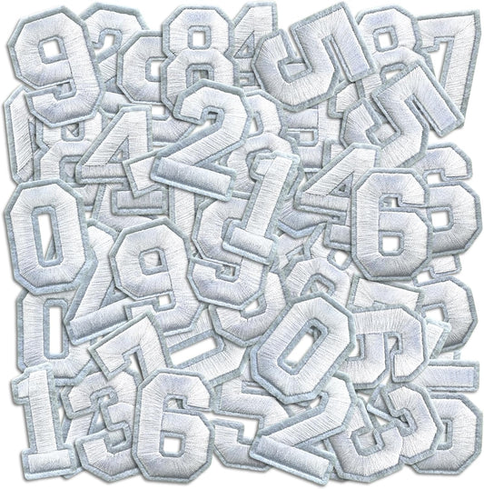 Number Iron On Patches, Numbers 0-9 Embroidery Applique Patch, DIY Decorative Heat Press Patches for Clothing Jeans Jackets Backpacks Hats (White 50 Pcs)