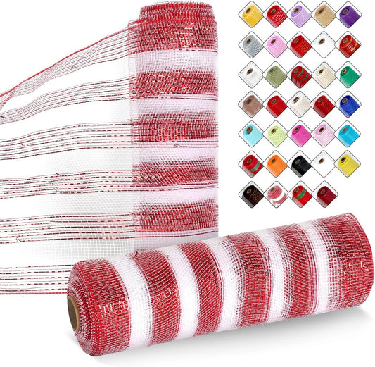 2 Rolls Mesh Ribbon for Wreaths 10 Inch x 30 Foot Wreath Mesh Rolls with Metallic Foil for Easter Christmas Party Wedding Home Decor DIY Craft Projects and Gift Wrapping(Red/White-Wide)