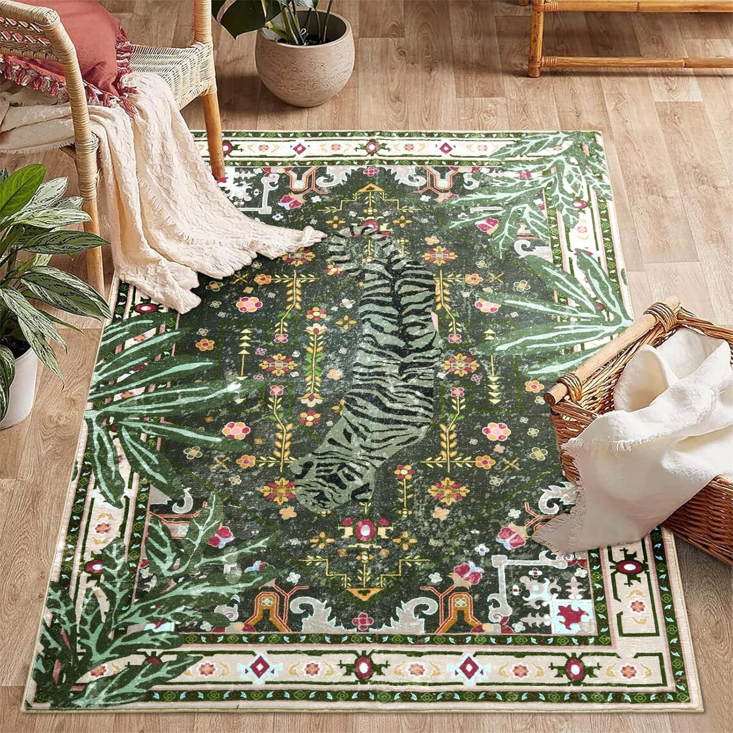 Oriental Tropical Washable Rugs, Greyish Green Boho Vintage Distressed Hippie 4x6 Area Rugs for Living Room Bedroom Kitchen Entryway Dorm, Abstract Botanical Animal Tribal Accent Carpet