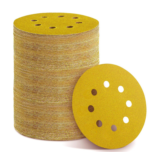 150PCS 240 Grit Gold Sanding Discs, 5-Inch 8-Hole Sandpaper for Random Orbital Sander, for Automotive or Woodworking