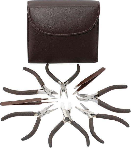 The Beadsmith Fashion Color Pliers – Set of 8 Slimline Color-Coordinated Tools – Matching Clutch in Chocolate – Jewelry Making Supply Kit to Create Necklaces, Bracelets, Earrings & More