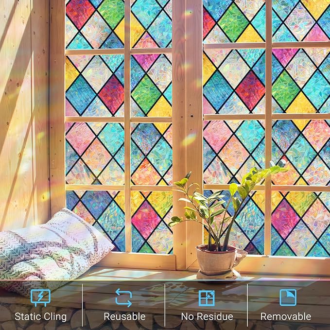 Haton Stained Glass Window Film, Rainbow Window Privacy Film, Decorative Sun Blocking Glass Clings Stickers, Static Cling Colorful Lattice Coverings Decals for Home Door 17.5" x 118.1"