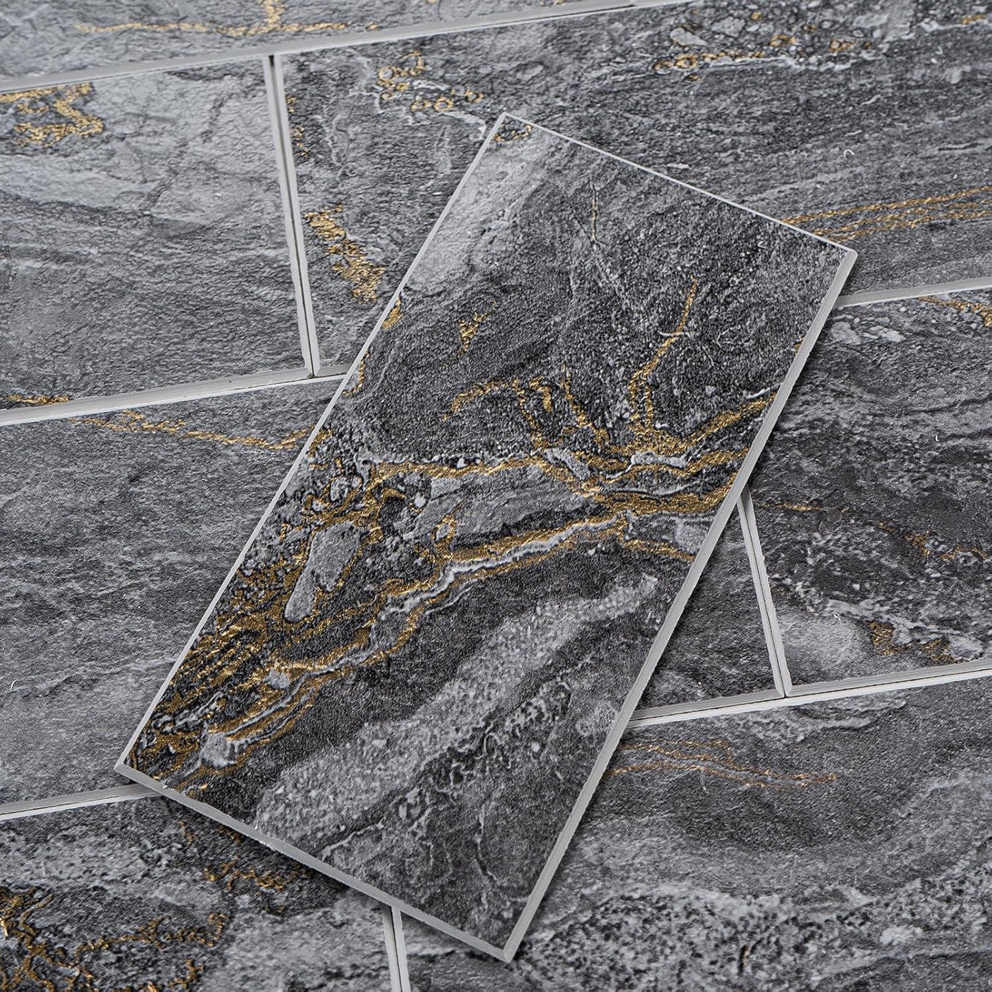 100 Pieces Peel and Stick Backsplash for Kitchen, 3" x 6" PVC Subway Tile 2025 Upgraded Gray-Gold Stone Backsplash Stick on Tile Elevate Kitchen Fireplace RV