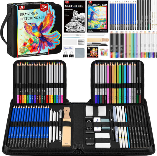 106 PCS Art Supplies Sketching Kit, Pro Drawing Pencils with 3-Color Sketchbook, Coloring Book, Colored Graphite Charcoal Watercolor & Metallic Pencils, Drawing Supplies Gifts for Artists Adults Kids