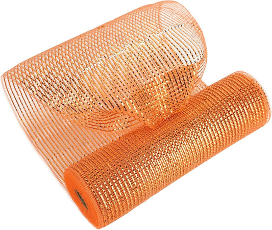 MEEDEE Orange Deco Mesh 10 Inch Deluxe Wide Foil Fall Deco Mesh Metallic Mesh Fabric Halloween Mesh Ribbon for Wreaths, Garland, Christmas Tree, Gift Wrapping, Bows Making (30 Feet)