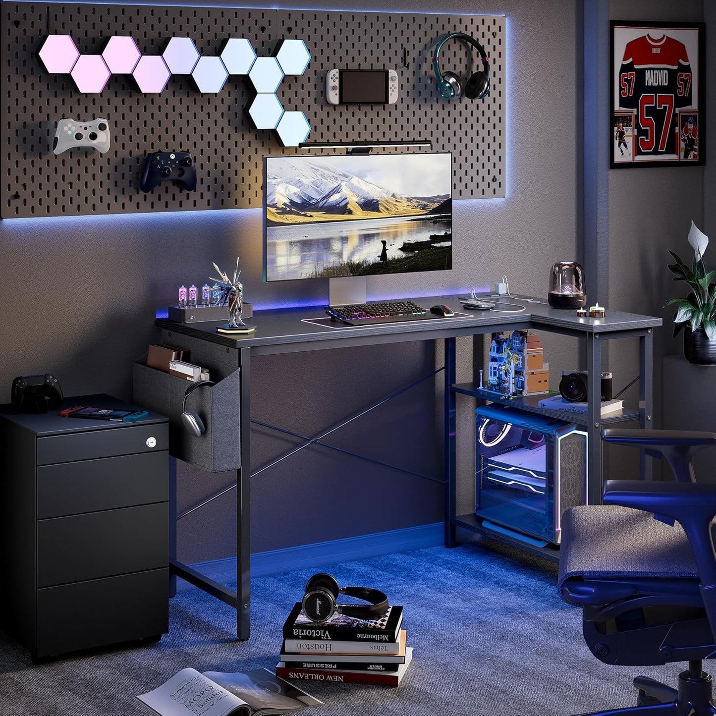 TIQLAB Small L Shaped Computer Gaming Corner Desk with Power Outlets, Reversible Shelves for Study, Writing Table for Home, Office, Bedroom, Living Room, 40 inches, Black