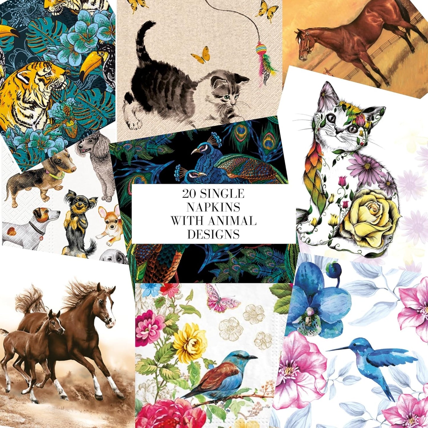 Mystery Pack Decoupage Paper Napkins, 20-ct Assorted Surprise Napkins, Decorative Napkins for Art Craft Junk Journal, Scrapbooking, 20 Different Animals Designs