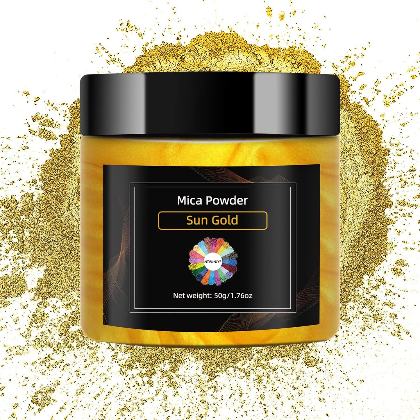 Sun Gold Mica Powder for Epoxy Resin，Natural Shimmer Mica Powder Used for Coloring Resin Artwork, car Spray Paint, Candles, soap, Eye Shadow, Lip Gloss, Nail Polish(50g/1.7oz)