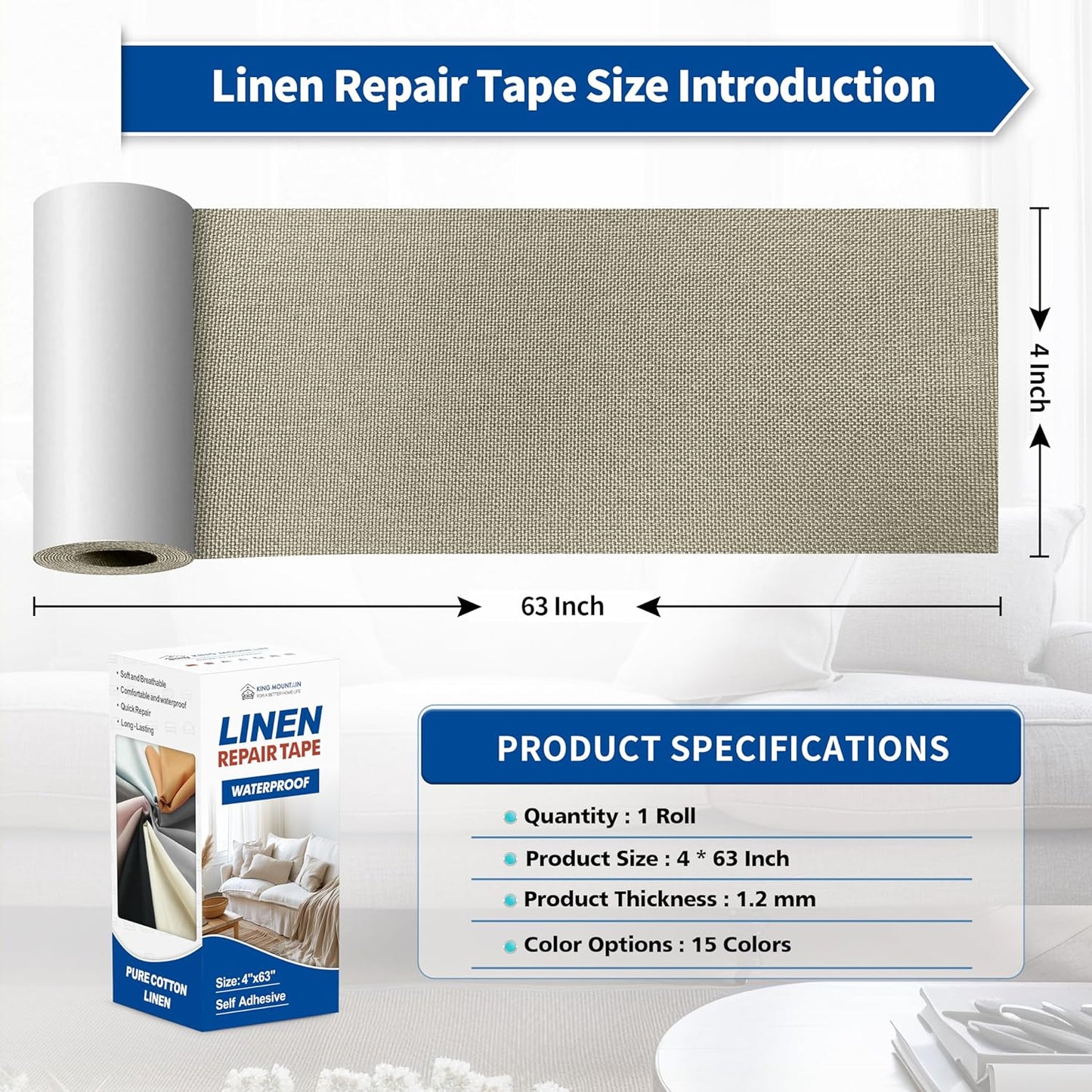 KING MOUNTAIN Linen Repair Patches, Self-Adhesive Linen Fabric Patches, 4 X 63 inch Extra Size, Multi Color, Can be Used for Linen Sofa Repair and Linen Clothes Repair（Khaki1.0