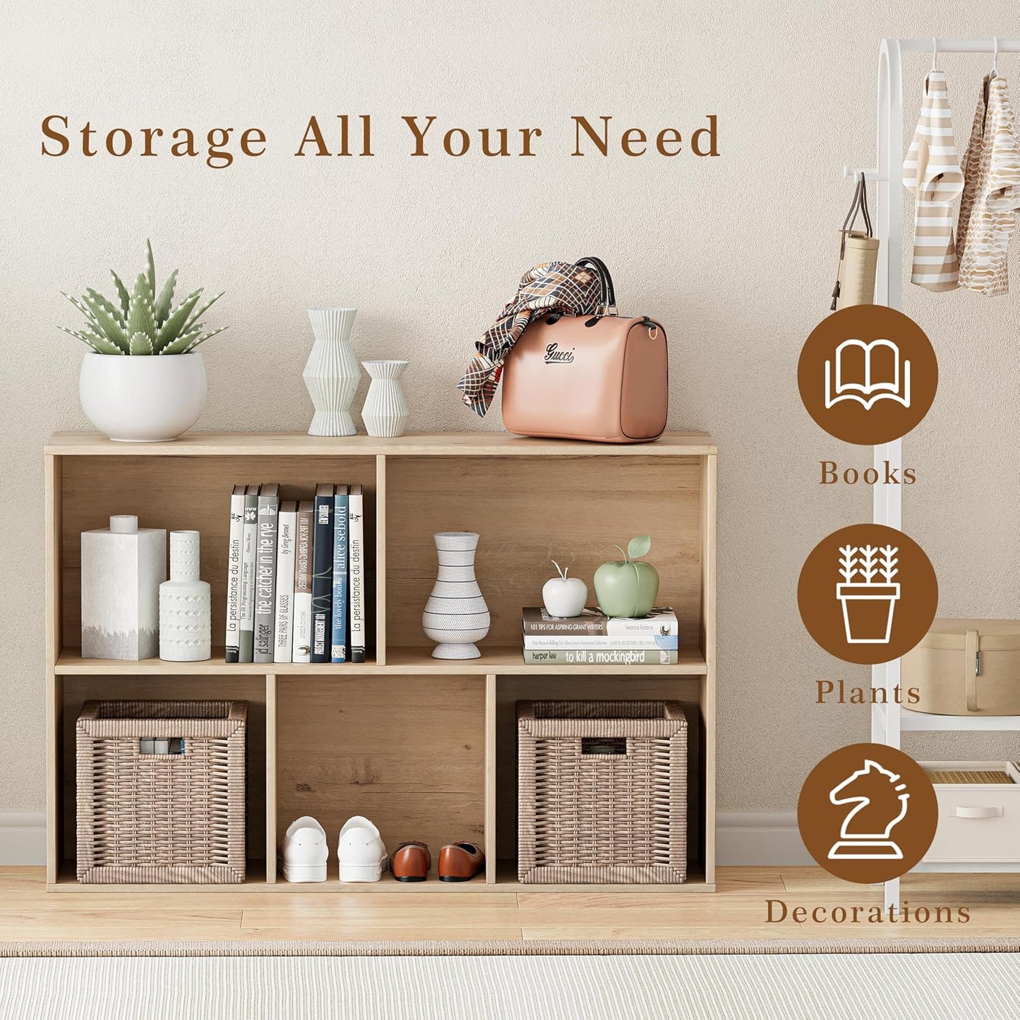 Wooden Cube Storage Organizer with Closed Back Panel, 11in Cube Shelf Opening, Bookshelf, Display Shelf,Closet Cabinet for Home and Office (White Oak, 5-Cube 35.98L*9.45W*24.09H)