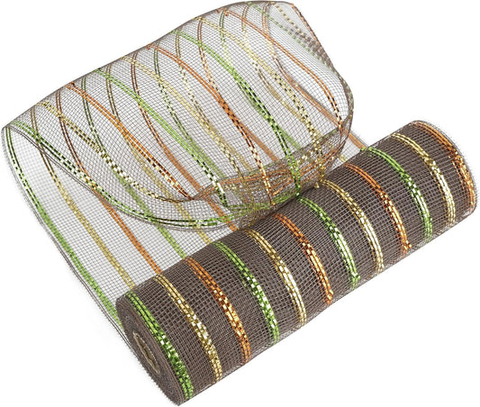 MEEDEE Fall Deco Mesh 10 Inch Rolls Brown Basic Mesh with Deluxe Wide Foil Orange & Yellow & Lime Metallic Striped Deco Mesh for Wreaths, Garland, Christmas Tree, Gift Wrapping, Bows Making (30 Feet)