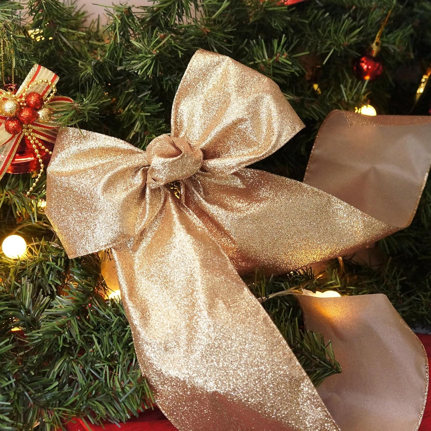 CT CRAFT LLC Glitter Wired Ribbon 4" x 10 Yards Gold (Champagne Gold) for Christmas Home Decor Bow Gift Wrapping DIY Crafts Wreath