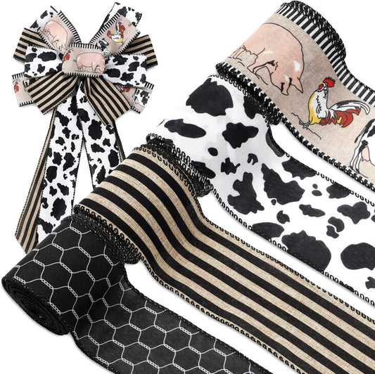 Farmhouse Animal Wired Edge Ribbons Cow Chick Pig Stripe Chicken Wire Decorative Fabric Wrapping Ribbons for DIY Crafts Wreath Bow Making Supplies, 4 Rolls, 24 Yard