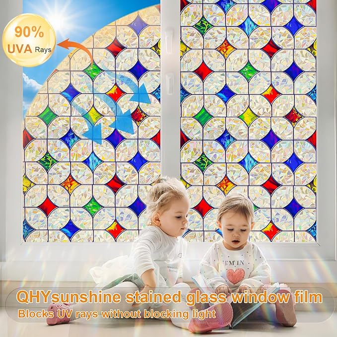 QHY Sunshine Colorful Rainbow Stained Glass Window Film Non-Adhesive Window Privacy Film Reusable Decorative for Room (Rainbow Mosaic, 35.4 X 78.7 in)