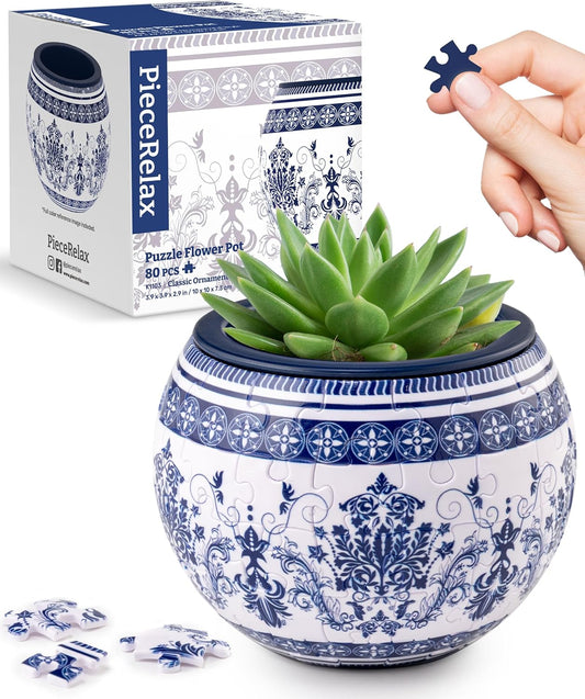 PieceRelax 3D Puzzle Planter - Classic Ornamental Style - Small Round Plant Pots with Drainage, Home Decor Flower Pots for Indoor Cactus, Succulents Pots [K1103]