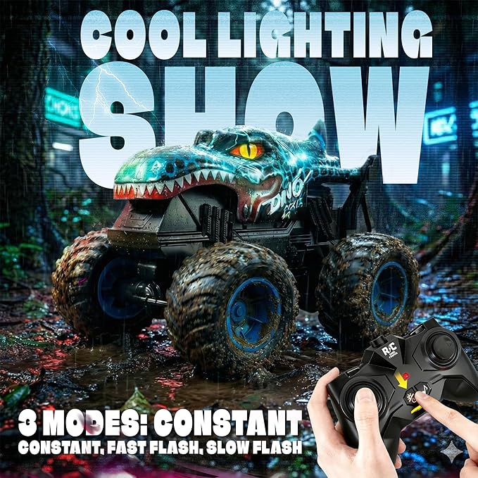 BEZGAR Monster Truck Toys - Remote Control Monster Truck with Light & Music, Dinosaur Toys for Kids, 1:20 Scale RC Truck with 360° Spins and Drifting, Remote Control Car for Boys 4-7 Blue