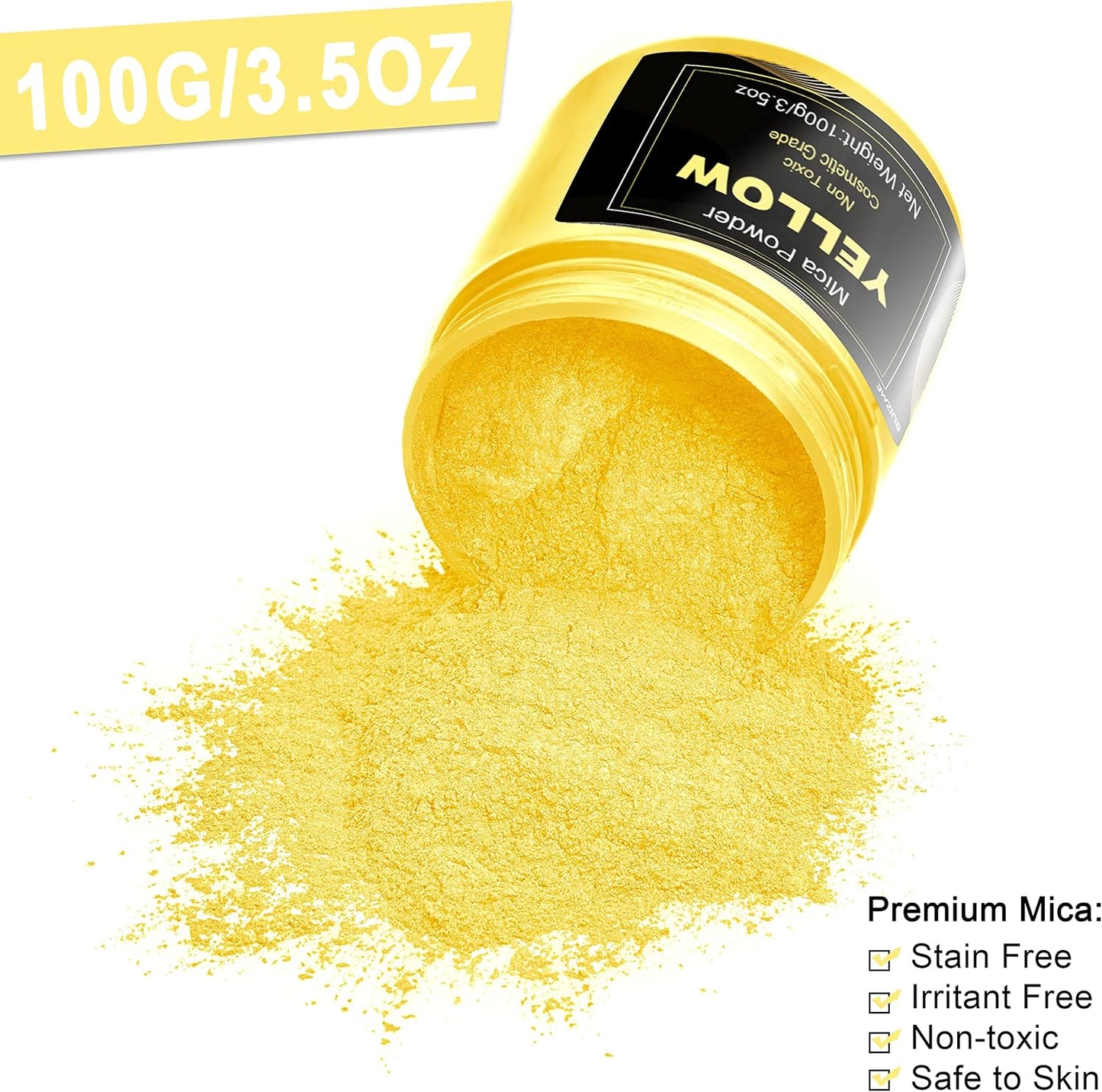 Yellow Mica Powder Pigment(100g) Big Bottle Pigment Powder Multipurpose DIY Arts and Crafts Additive, Woodworking, Epoxy, Resin, Natural Bath Bombs, Paint, Soap,Nail Polish, Lip Gloss(Yellow, 3.5oz)