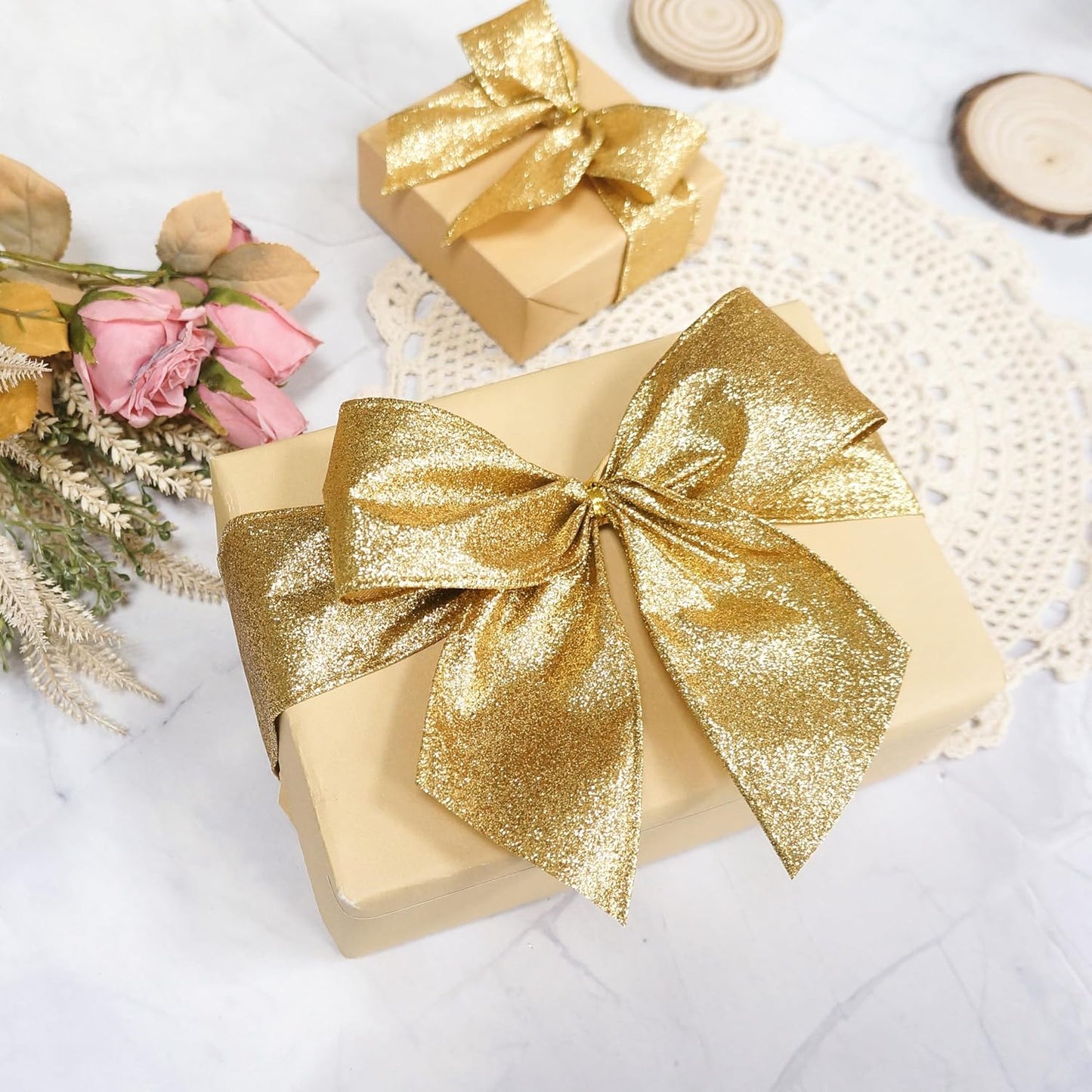 CT CRAFT LLC Glitter Wired Ribbon 2.5" x 20 Yards Yellow Gold for Christmas Home Decor Bow Gift Wrapping DIY Crafts Wreath