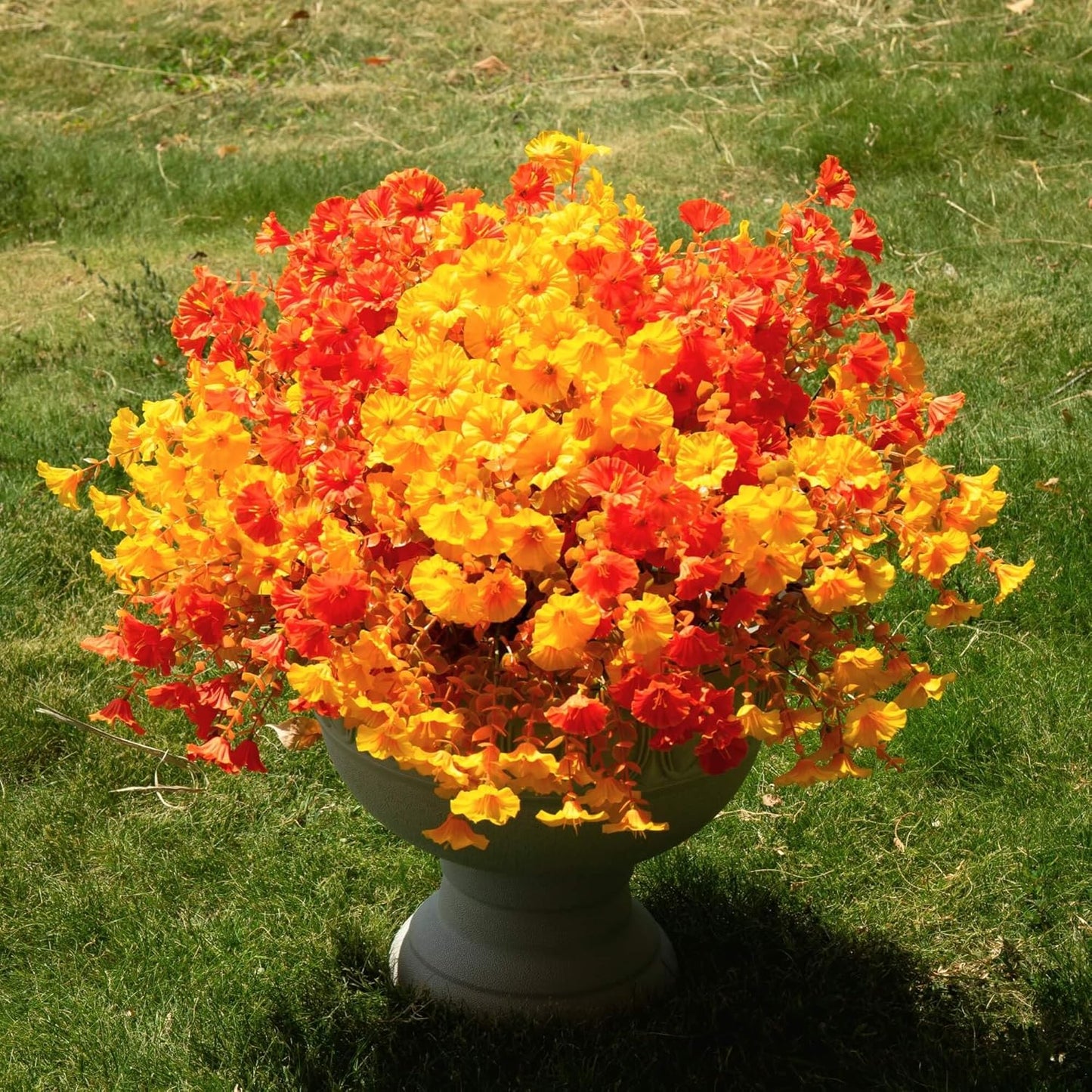 16 Bundles Fall Mums Artificial Flowers for Outdoor Decoration,Realistic Fake Plants Orange Red Petunias, UV Resistant Faux Yellow Silk Flowers for Vase Planter Front Door Porch Garden (Autumn)