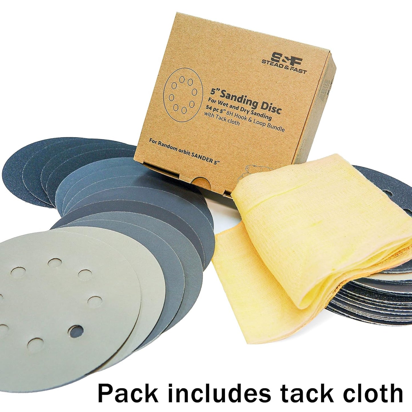 5 inch Wet Dry Sanding Discs Hook & Loop 54 pcs, 80 120 180 220 400 600 1000 2000 3000 Grit Silicon Carbide Orbital Sander Sandpaper Assortment with Tack Cloth, Automotive Wood Metal S&F STEAD & FAST