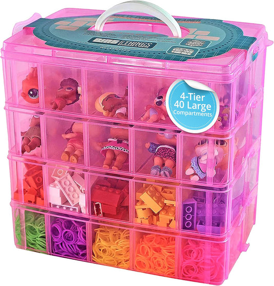 Bins & Things Bead Organizer with Adjustable Compartments - Durable Toy Organizers and Storage Solution for Dolls, Crafts, Mini Toy Figures, Jewelry and Beads - 4 Tier, 40 Compartments, Pink