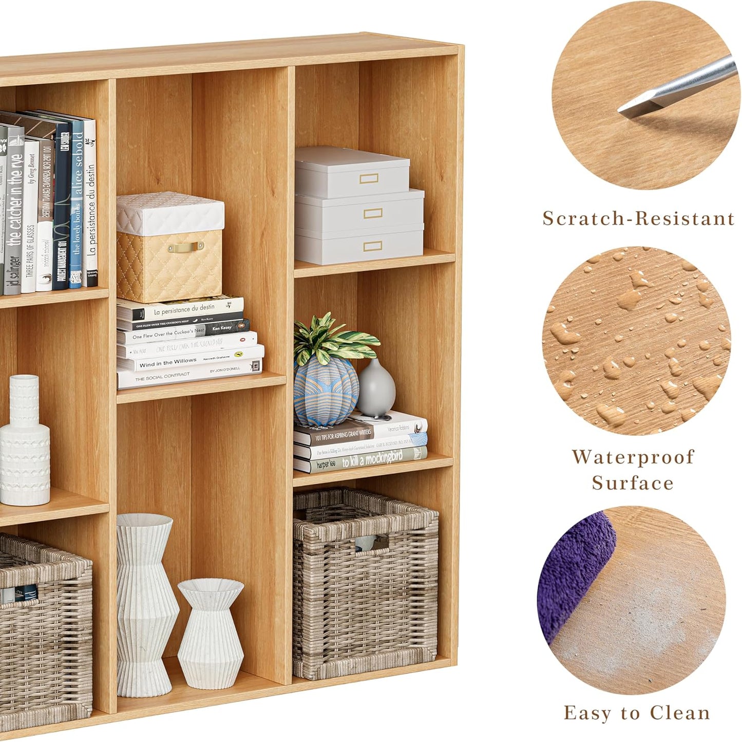 Wooden Cube Storage Organizer with Closed Back Panel, 11in Cube Shelf Opening, Bookshelf, Display Shelf,Closet Cabinet for Home and Office (Natural Oak, 8-Cube 35.98L*9.45W*35.91H)