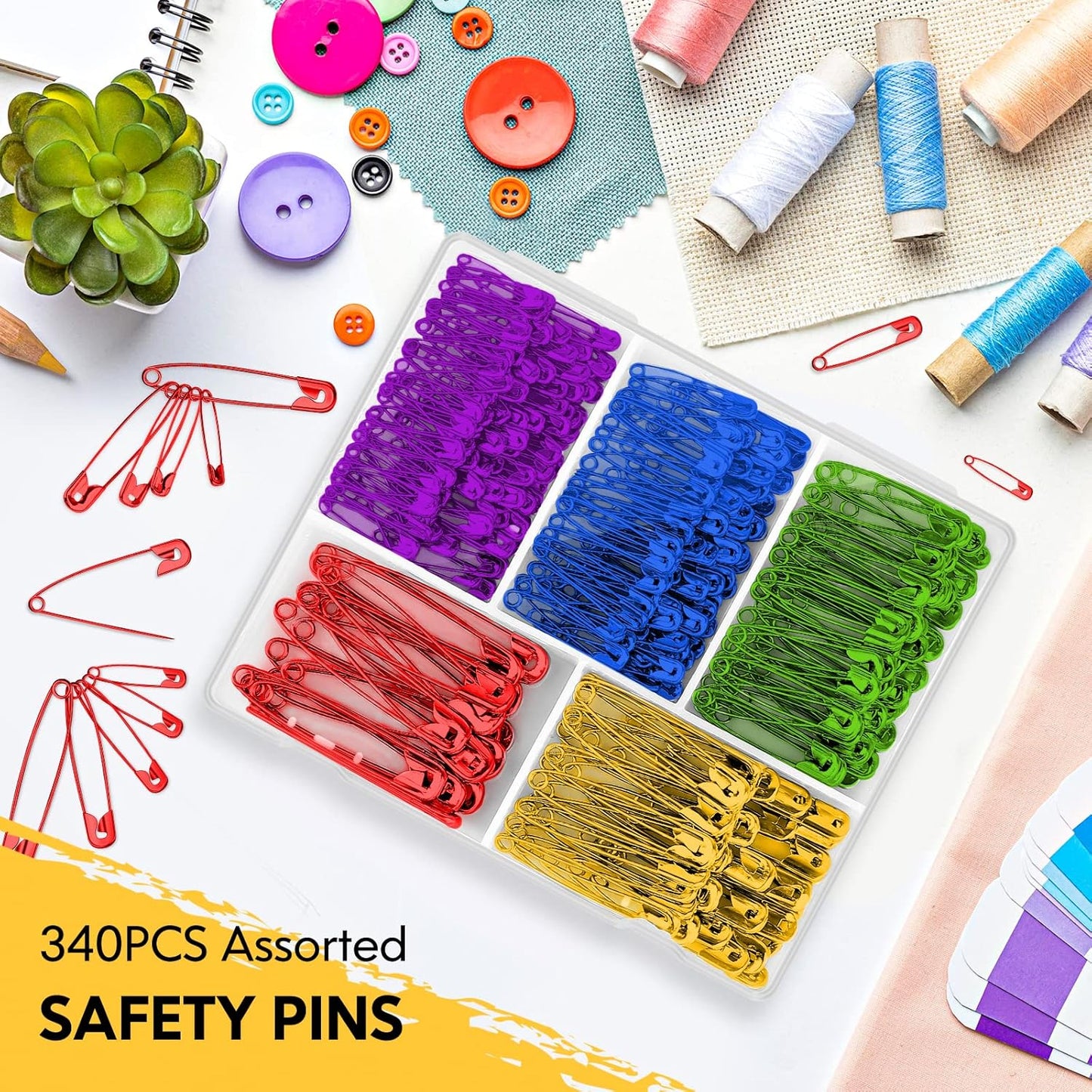 Safety Pins Assorted, 340 Pack 5 Different Sizes Small and Large Safety Pin for Clothes Costume Sewing, Nickel Plated Steel, Arts and Crafts Supplies, 5 Colors