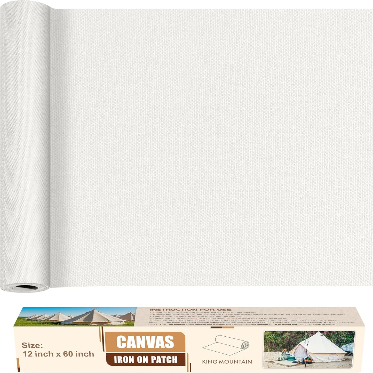 KING MOUNTAIN Canvas Iron on Patch,12"×60",Waterproof 100% Cotton Fabric Repair Patch,Used for Various Sofa,Tent,Clothes,Seats,Suitcases (White,Waterproof)