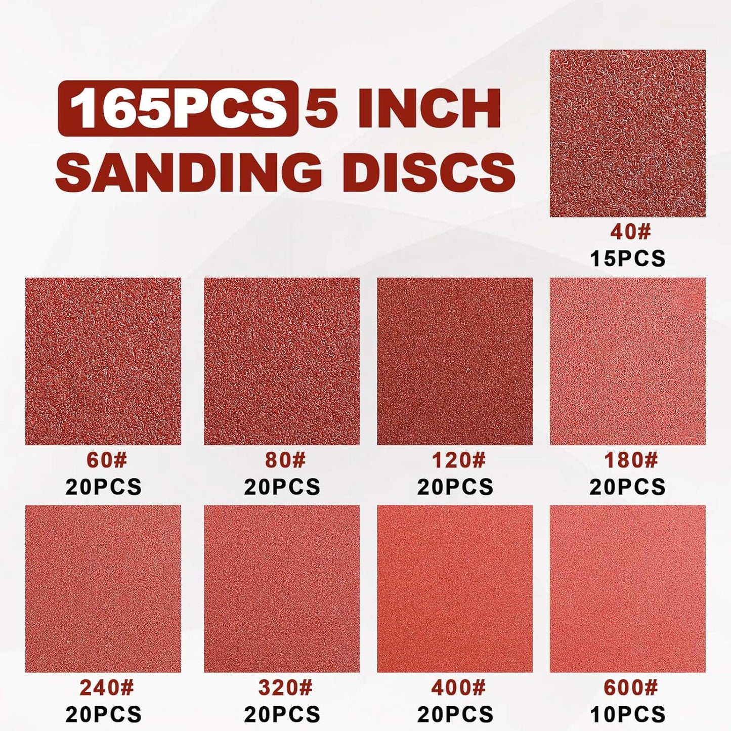 165 PCS 5 Inch Sanding Discs, 8 Hole Hook and Loop Round Sandpaper 40/60/80/120/180/240/320/400/600 Grits for Random Orbital Sander