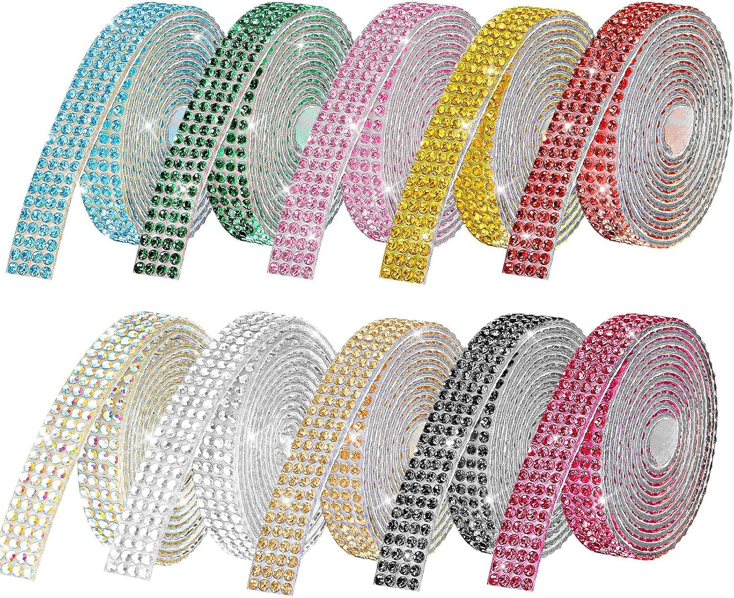 Rhinestone Ribbon Self Adhesive, 10-Rolls Bedazzling Strips, 10-Yard Rhinestone Strips for DIY Craft, Rhinestones for Crafting, 10 Colors