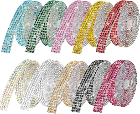 Rhinestone Ribbon Self Adhesive, 10-Rolls Bedazzling Strips, 10-Yard Rhinestone Strips for DIY Craft, Rhinestones for Crafting, 10 Colors