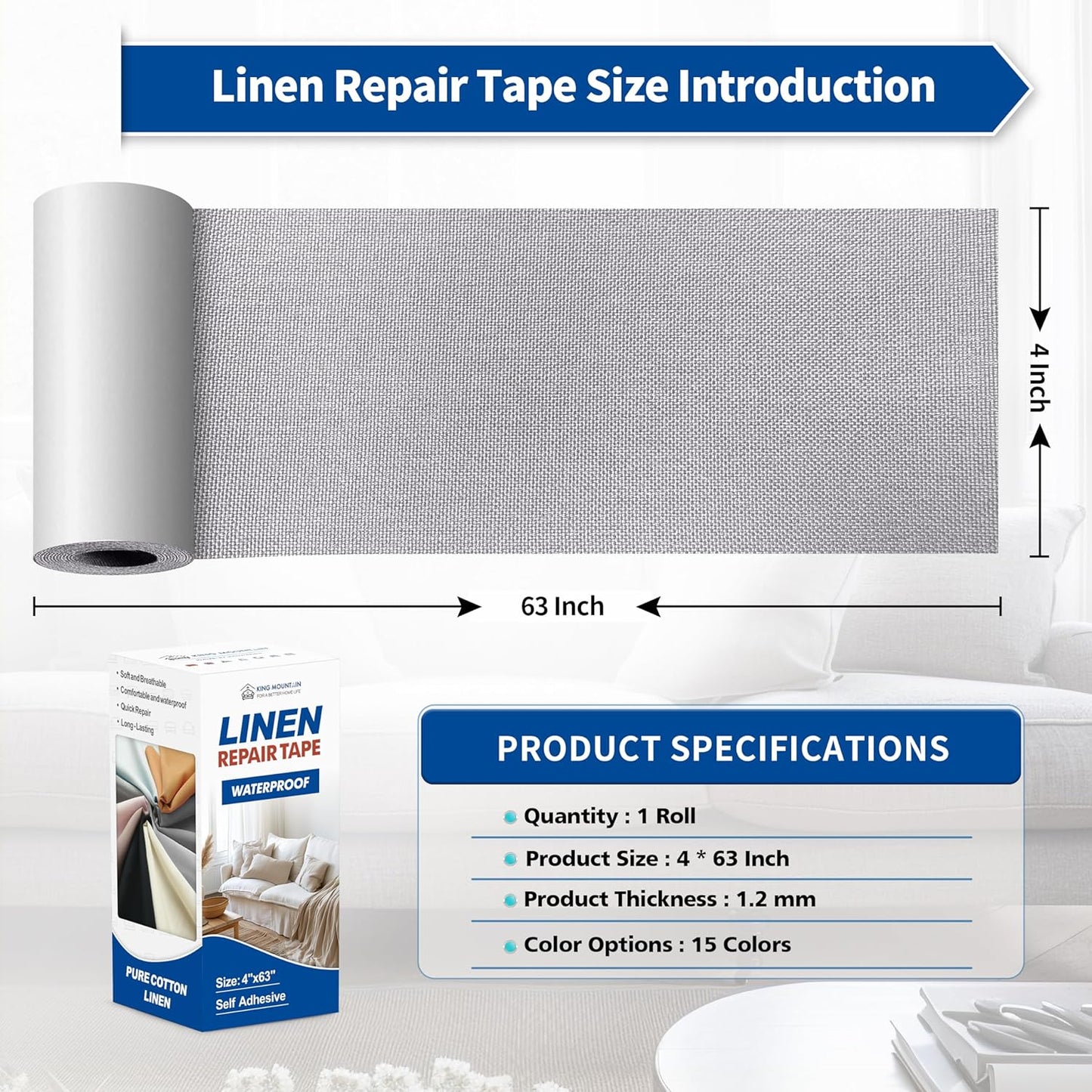 KING MOUNTAIN Linen Repair Patches, Self-Adhesive Linen Fabric Patches, 4 X 63 inch Extra Size, Multi Color, Can be Used for Linen Sofa Repair and Linen Clothes Repair (Light Grey 3.0)