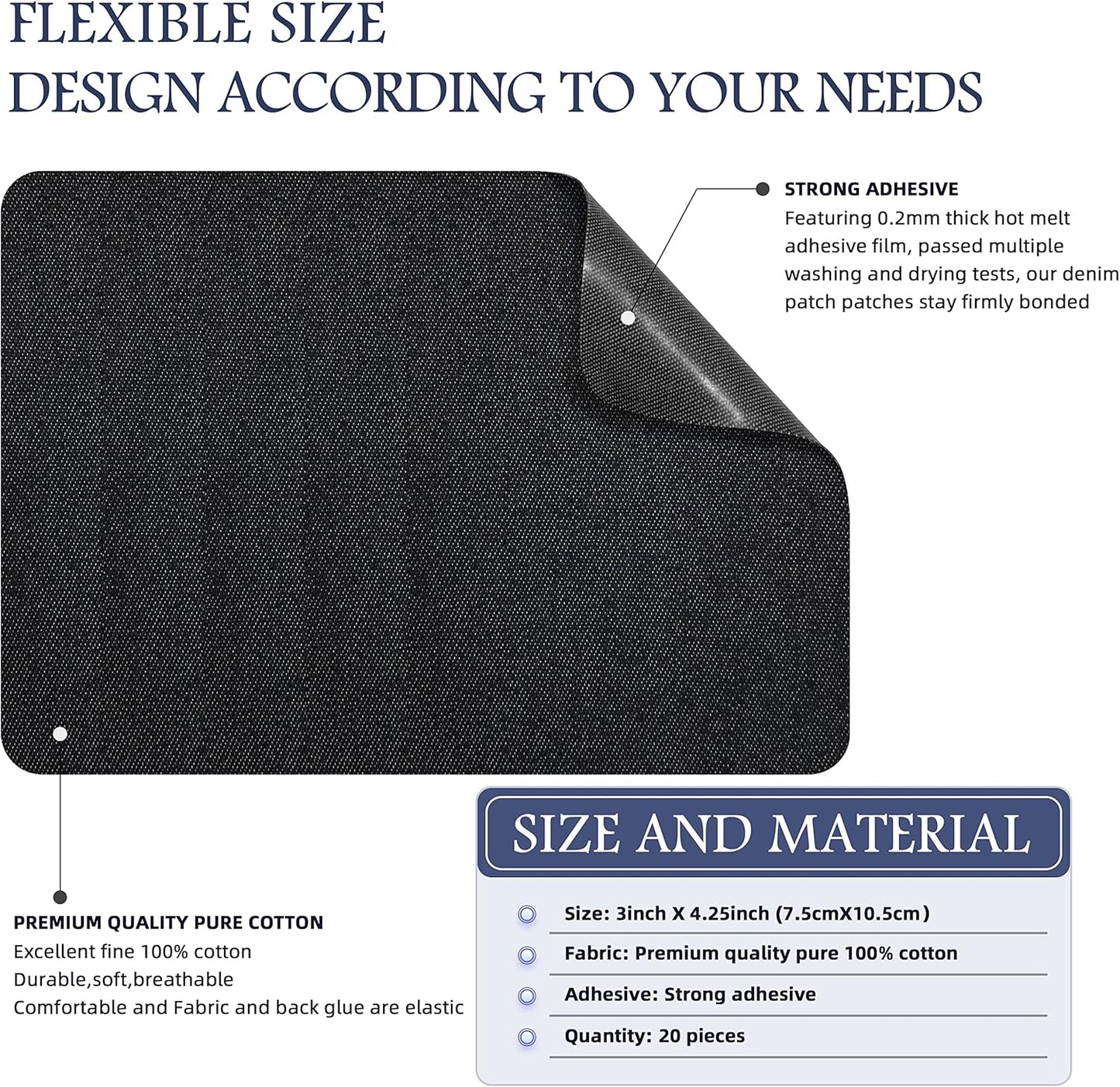 KING MOUNTAIN Iron-on Repair Patch 20 Pcs Pack,Denim Patches for Jeans Kit 3" by 4-1/4",100% Cotton Denim Iron-on Repair Patch, Jeans and Clothing Repair and Decoration Kit (Black)