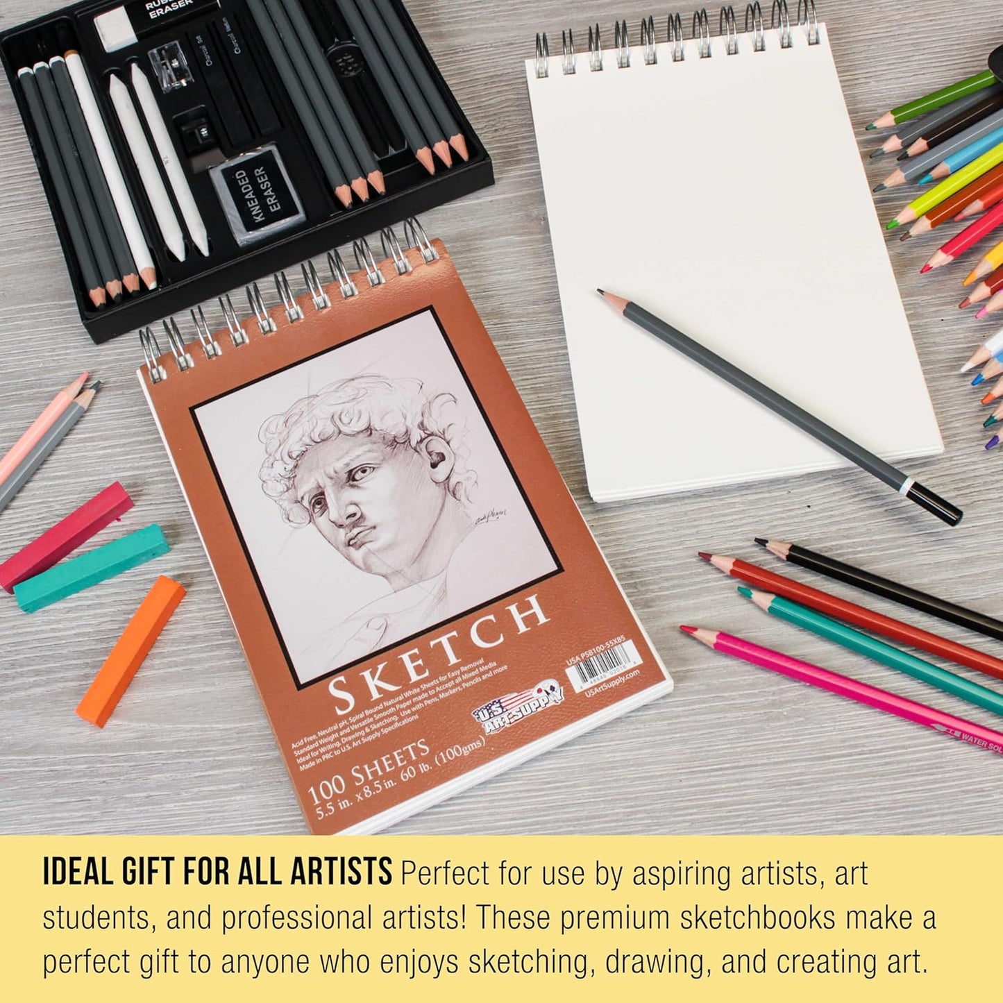 U.S. Art Supply 5.5"x8.5" Top Spiral Bound Sketch Book, 2 Pack, 100 Sheets Each, 60lb (100gsm), Acid-Free, Artist Sketchbook, Drawing Pad for Adults & Students