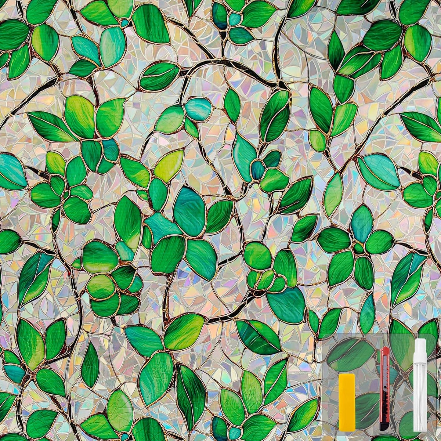 Window Privacy Film Stain Glass Window Film Rainbow Window Film Window clings Non-Adhesive Reusable Decorative for Room (Greenery Leaf, 35.4 x 157.4 in)