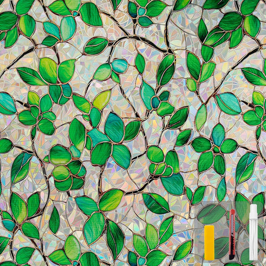 Window Privacy Film Stain Glass Window Film Rainbow Window Film Window clings Non-Adhesive Reusable Decorative for Room (Greenery Leaf, 17.5 x 78.7 in)