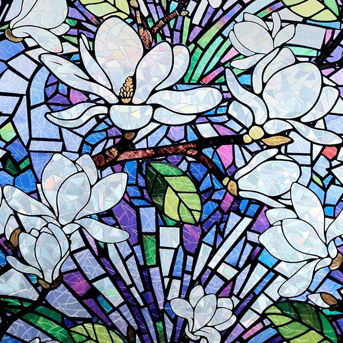 DKTIE Magnolia Pattern Stained Glass Window Film Floral Decorative Window Privacy Film with Rainbow Effect Front Door Bathroom Room Decor (S677, 35.4in X 78.7in)