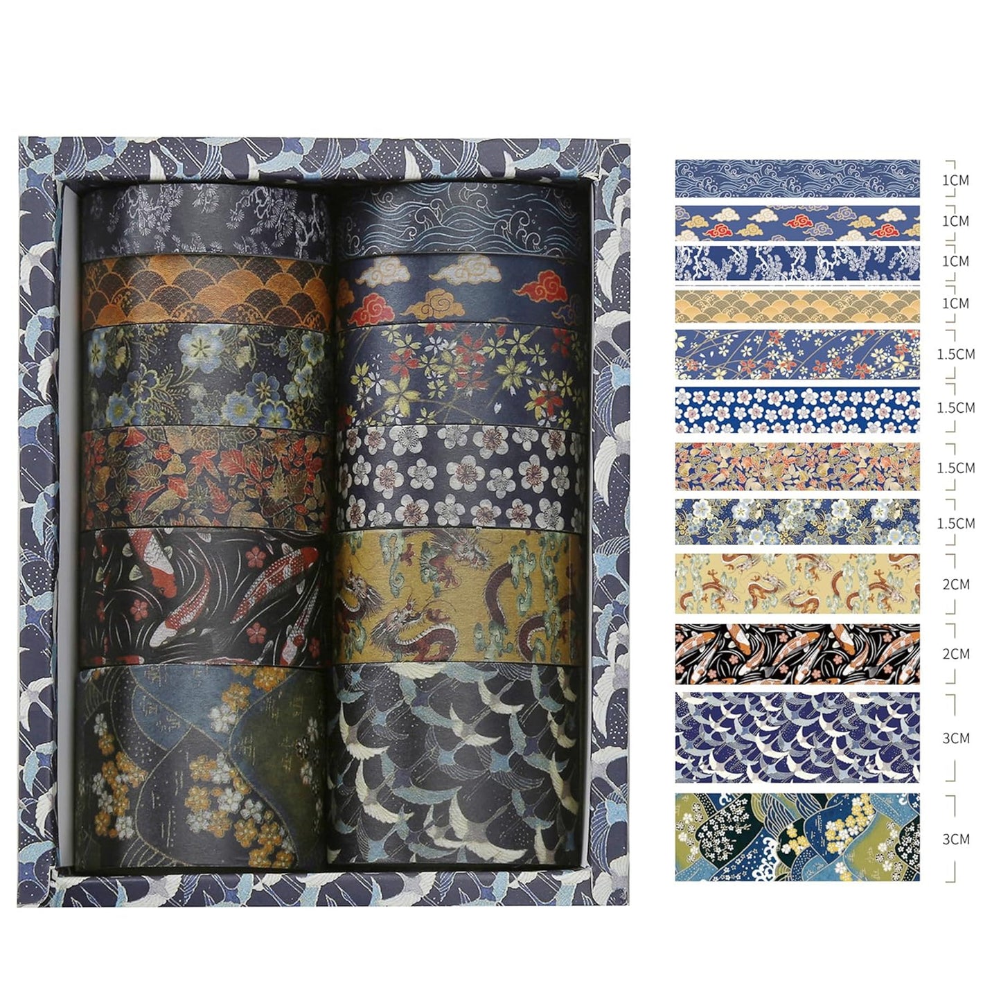 12 Rolls Kyoto Charm Washi Tape Set Japanese Arts Adhesive Tapes Geometric Garden Decorative Masking Tape Sets for Craft, Kids, Scrapbook, DIY, Gift Wrapping (Cerulean Showa)