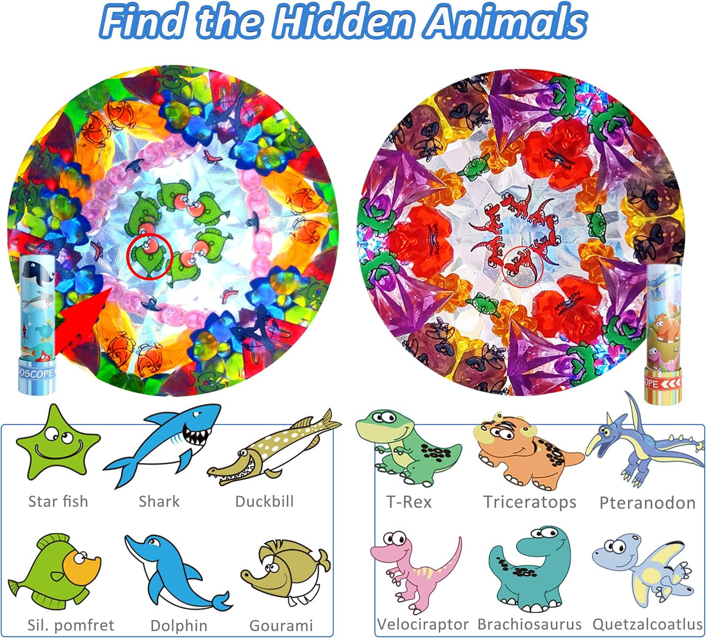 Classic Tin Kaleidoscopes 2 Pack, Discover Hidden Animals, Crystal Clear View, Vintage Retro Toys in Gift Box
