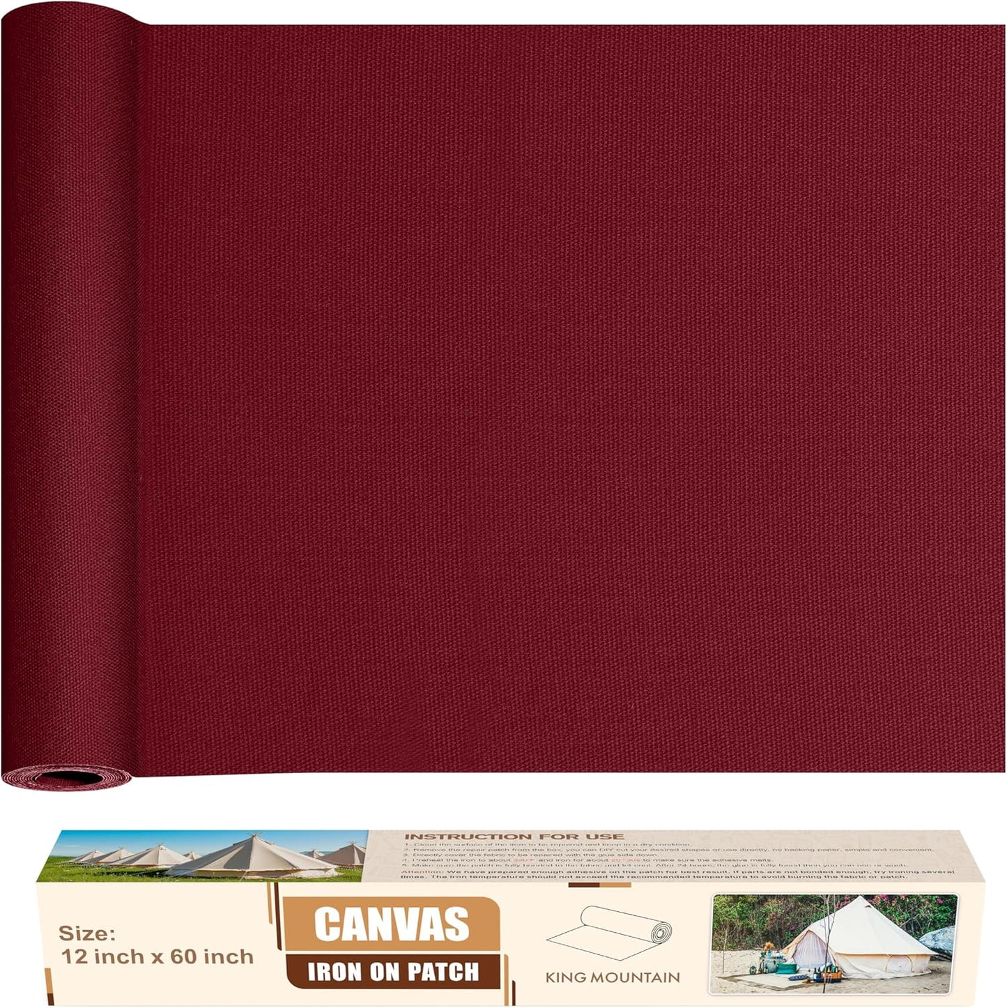 KING MOUNTAIN Canvas Iron on Patch,12"×60",Waterproof 100% Cotton Fabric Repair Patch,Used for Various Sofa,Tent,Clothes,Seats,Suitcases (Burgundy,Waterproof)