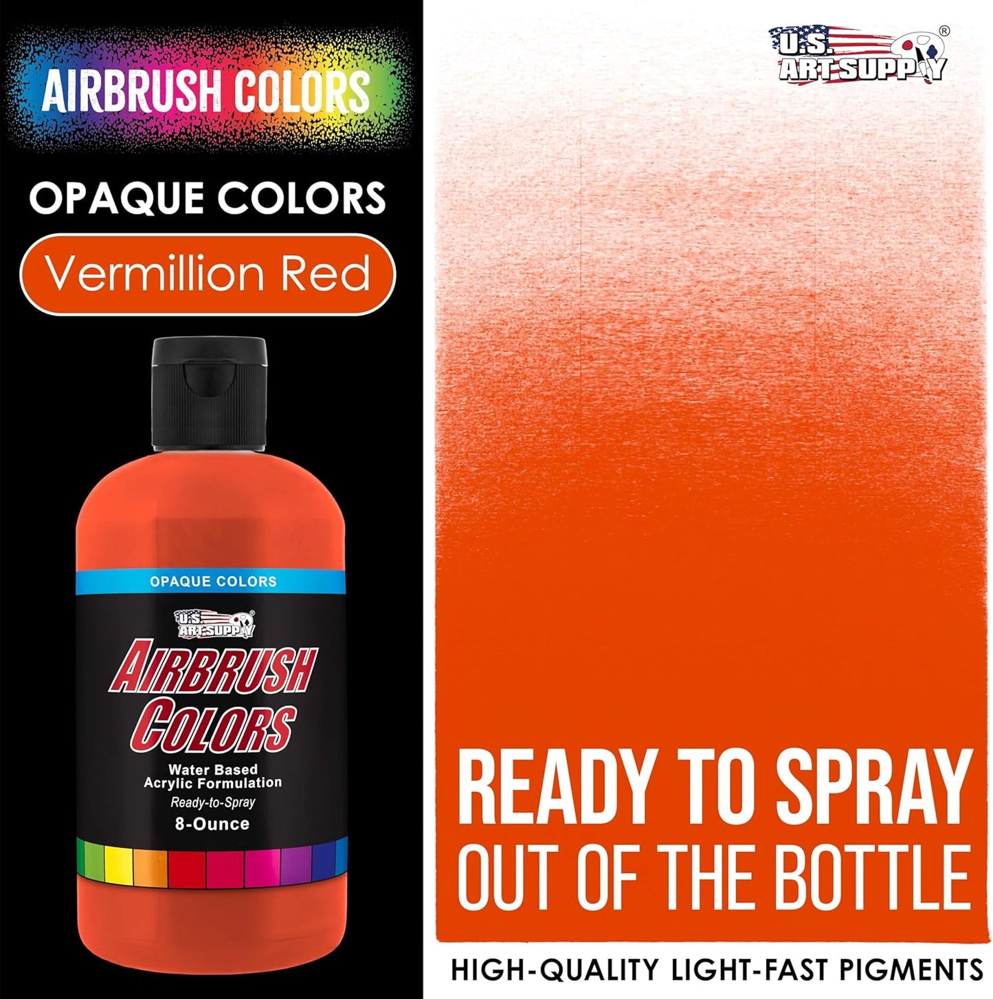 U.S. Art Supply Opaque Vermillion Red Acrylic Special Effects Airbrush Paint - 8oz Ready to Spray Air Brush Paint for Nails, Models, Fabric - Water-Based Air Brush Painting