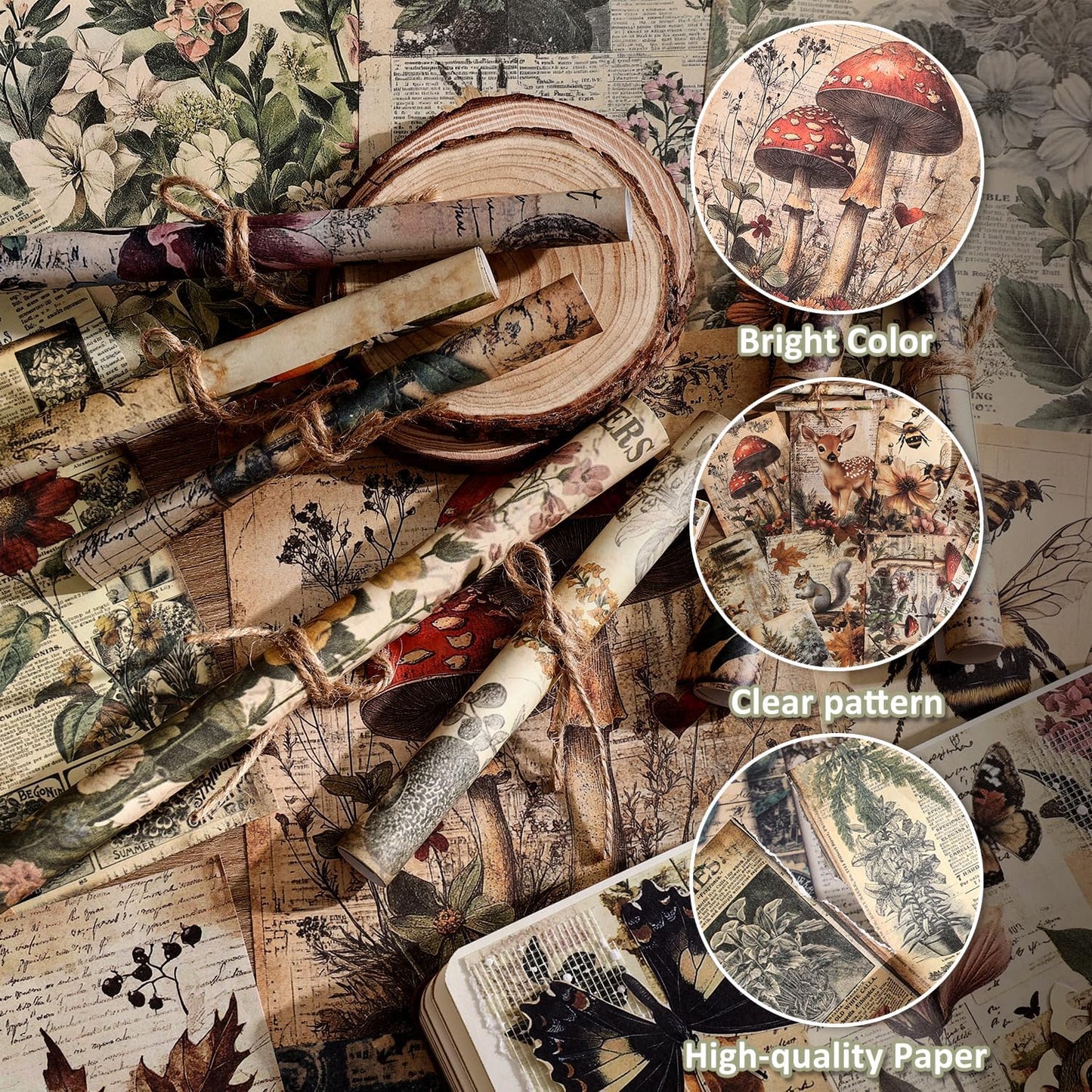 120 Sheets Vintage Botanical Scrapbook Paper Set, Journaling Scrapbooking Supplies Craft Decoupage Papers Kit, 4 Themes x 30 Mushroom Floral Antique Letter Design for Junk Journals Collage Card Making