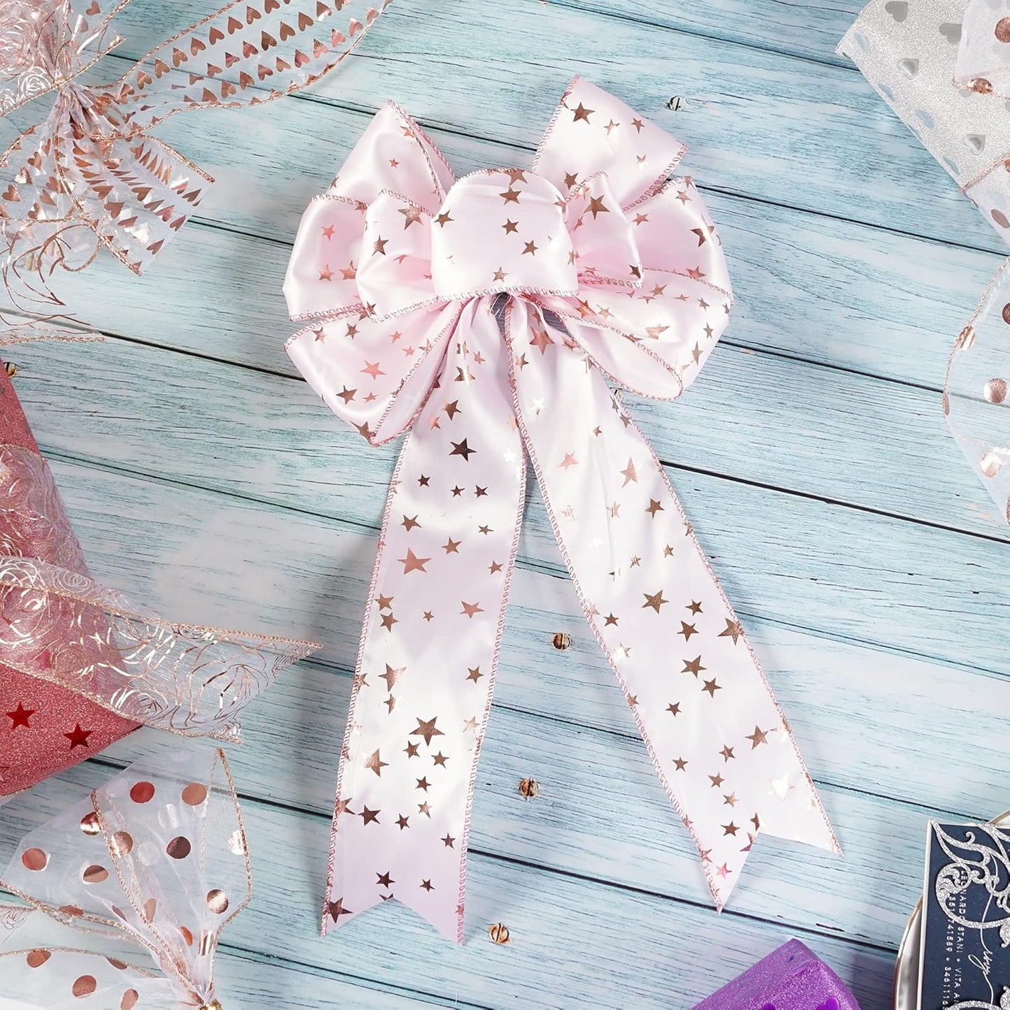 MEEDEE Rose Gold Star Satin Wired Ribbon - 2.5 Inch Pink Wedding Ribbon - 25 Yards Roll Christmas Decor